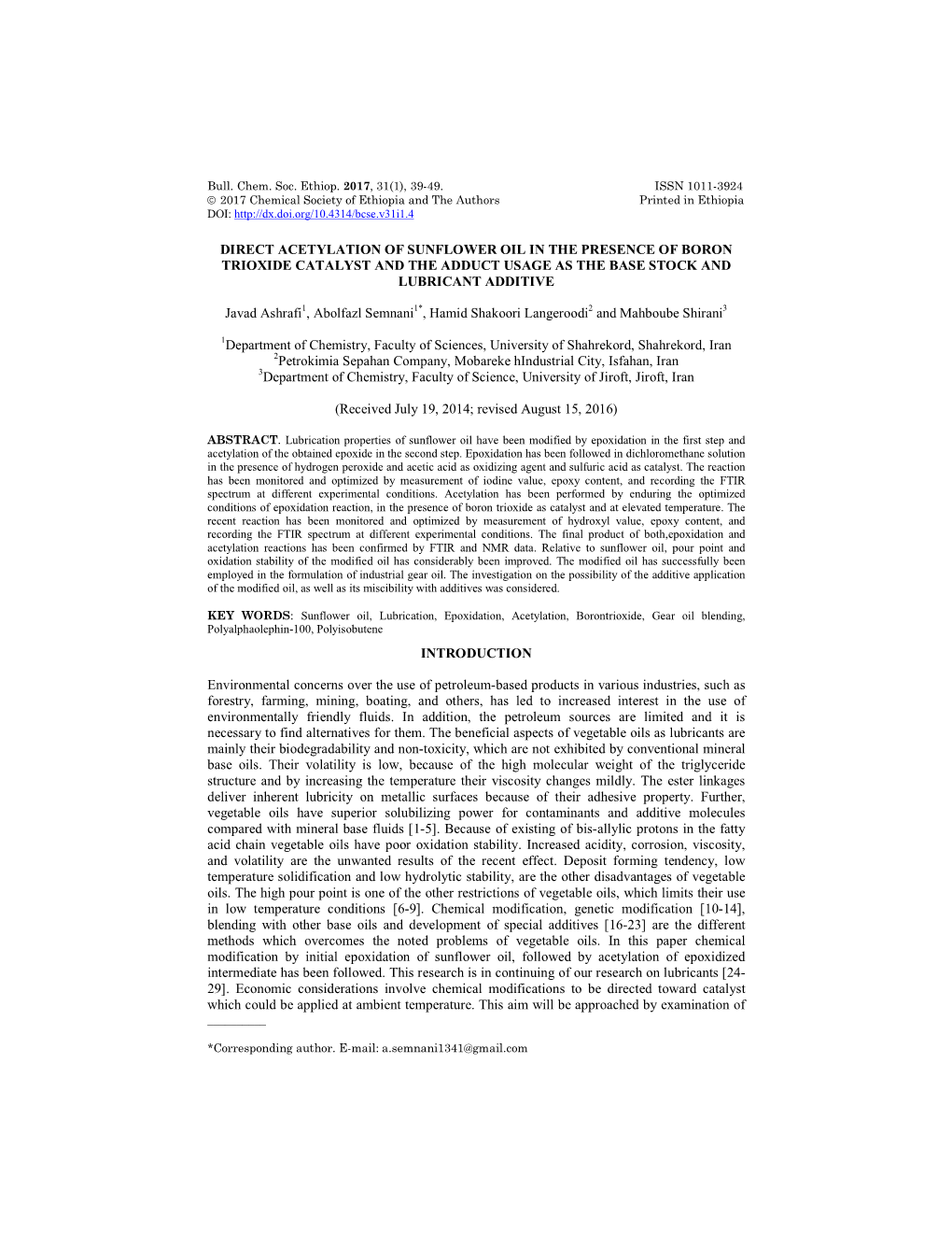 Direct Acetylation of Sunflower Oil in the Presence of Boron Trioxide Catalyst and the Adduct Usage As the Base Stock and Lubricant Additive