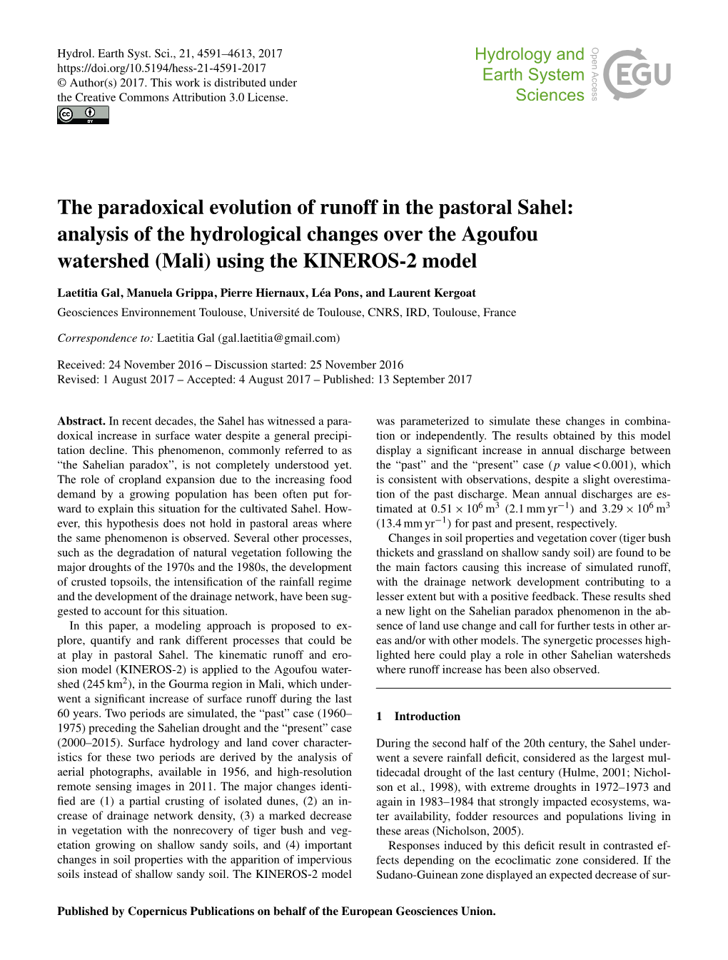 The Paradoxical Evolution of Runoff in the Pastoral Sahel: Analysis of the Hydrological Changes Over the Agoufou Watershed (Mali) Using the KINEROS-2 Model