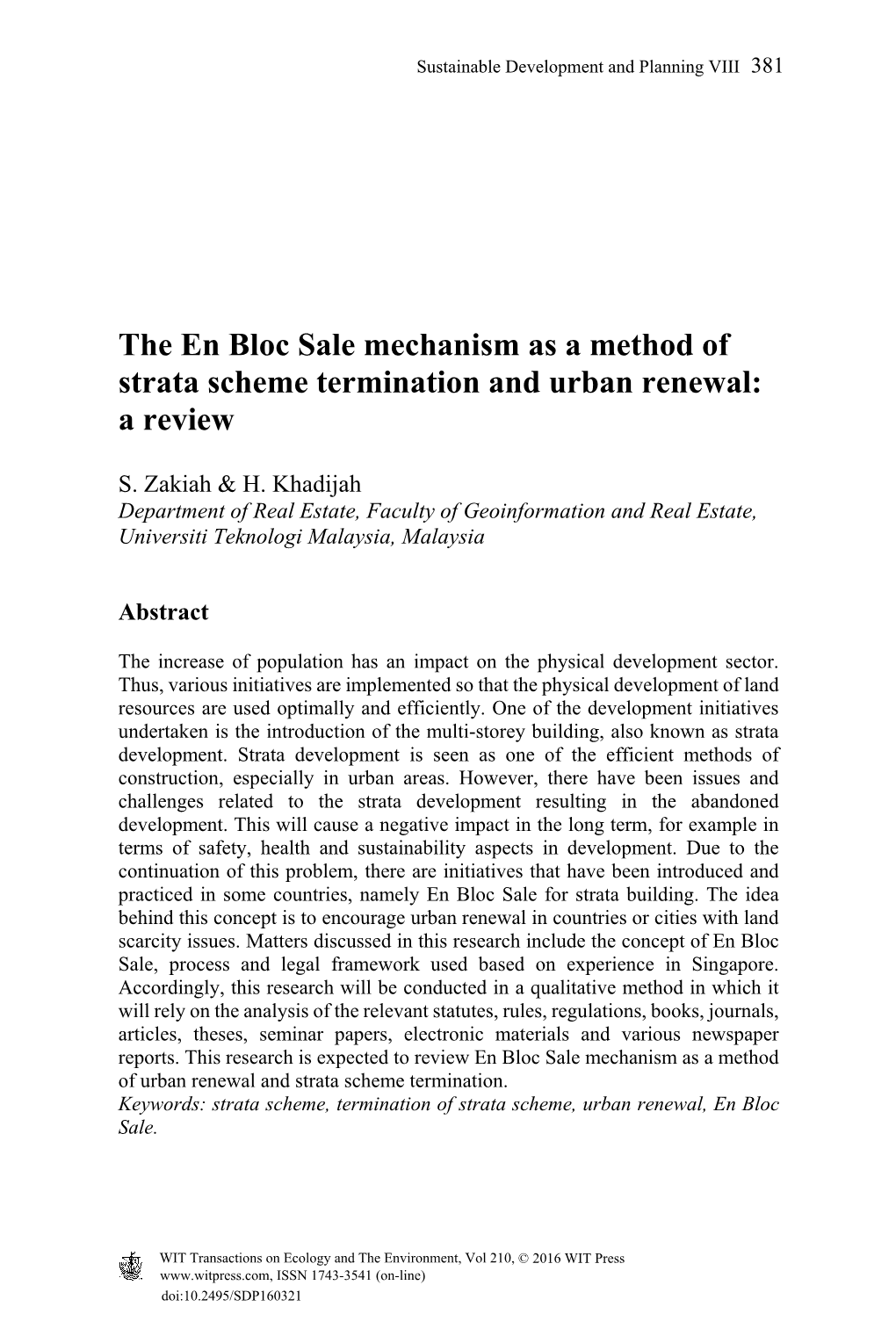 The En Bloc Sale Mechanism As a Method of Strata Scheme Termination and Urban Renewal: a Review