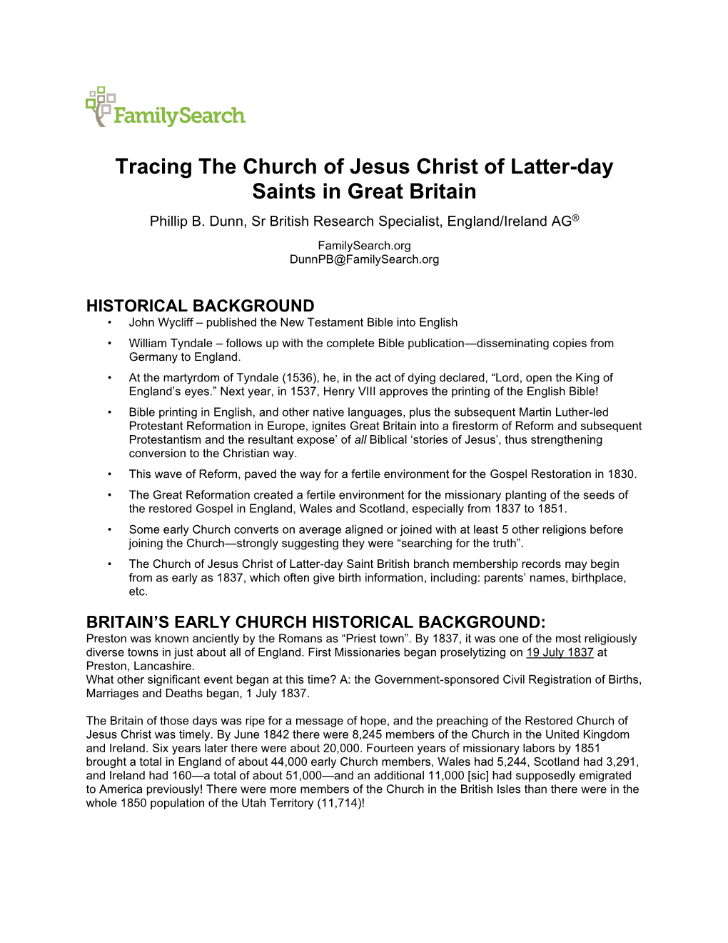 Tracing the Church of Jesus Christ of Latter-Day Saints in Great Britain Phillip B