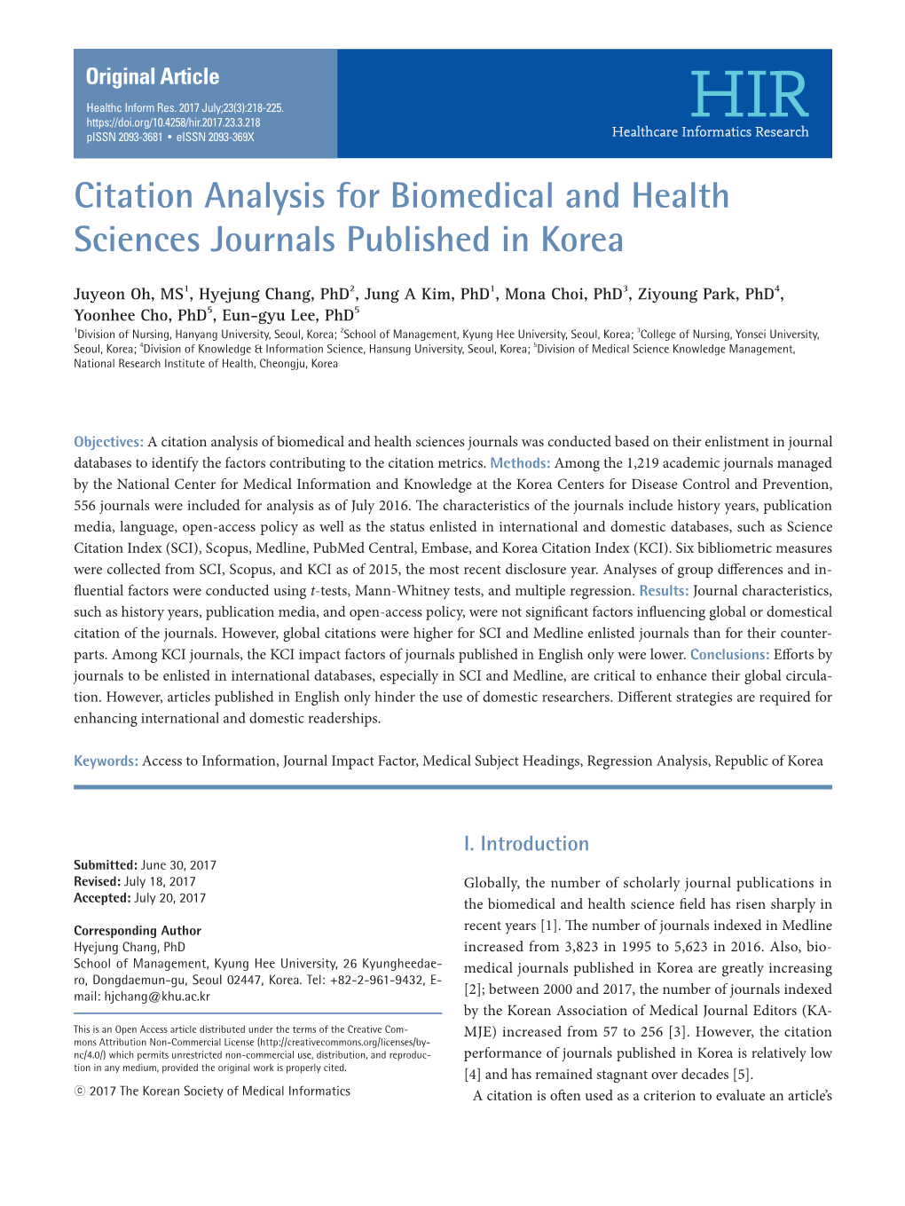 Citation Analysis for Biomedical and Health Sciences Journals Published in Korea