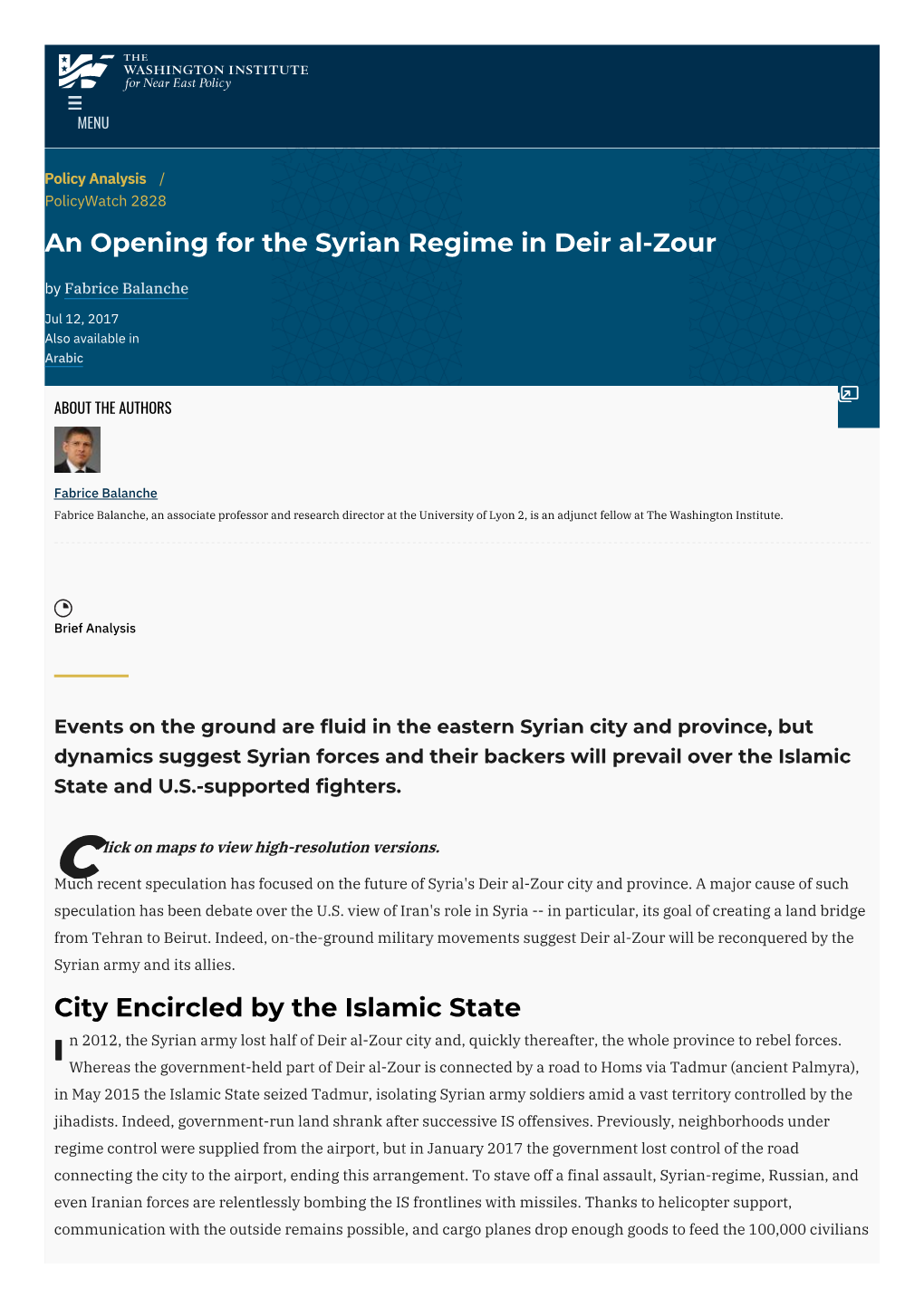 An Opening for the Syrian Regime in Deir Al-Zour by Fabrice Balanche