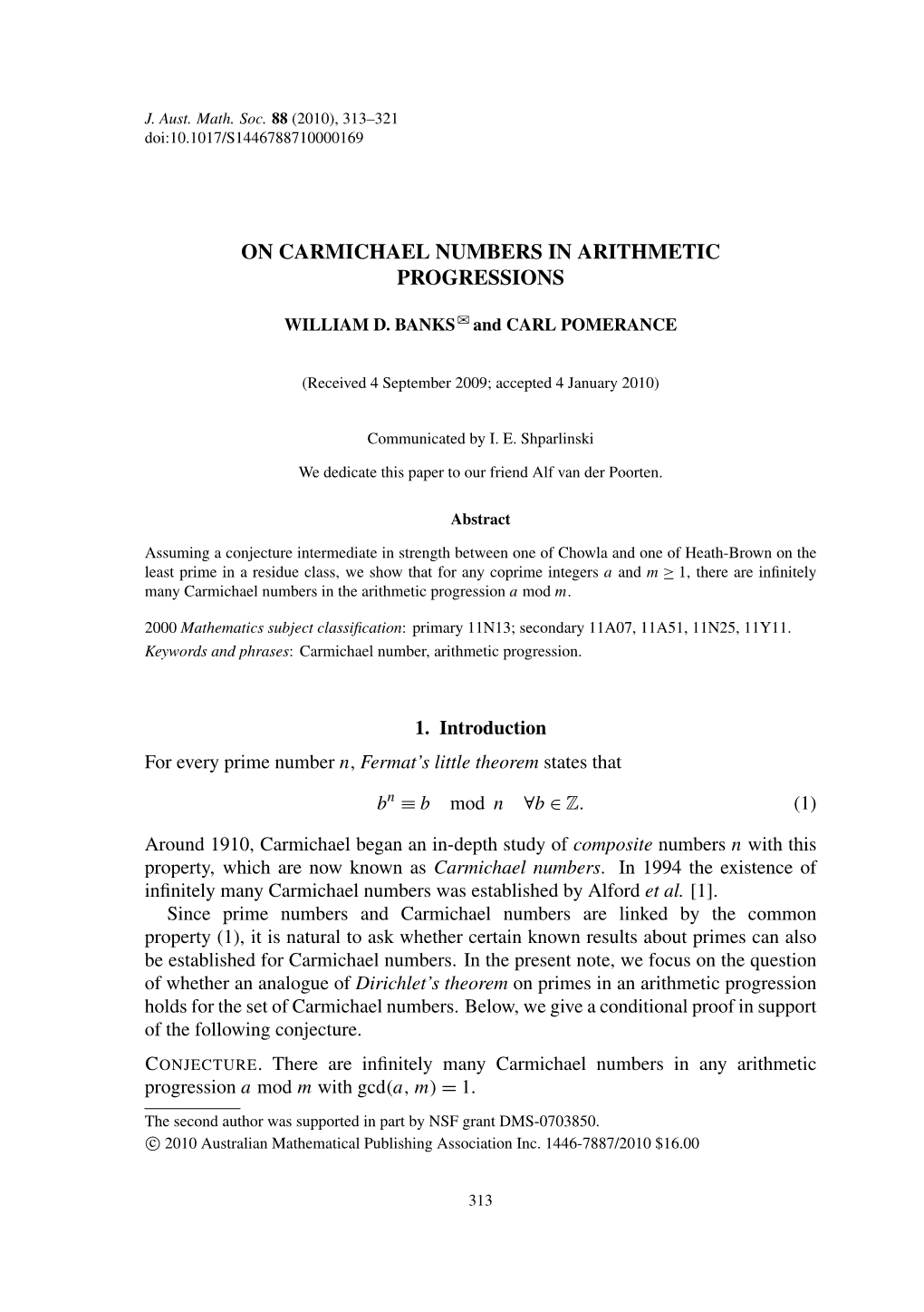 On Carmichael Numbers in Arithmetic Progressions