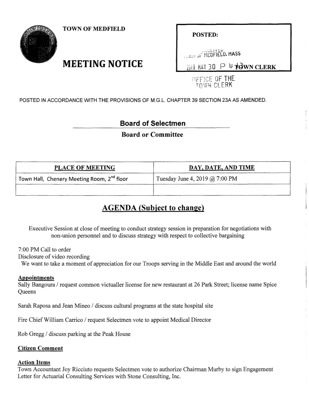 MEETING NOTICE Zii19 L1a I 30 P Ij: Tqwn CLERK