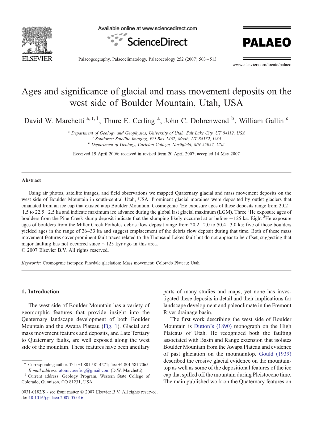 Ages and Significance of Glacial and Mass Movement Deposits on the West Side of Boulder Mountain, Utah, USA ⁎ David W