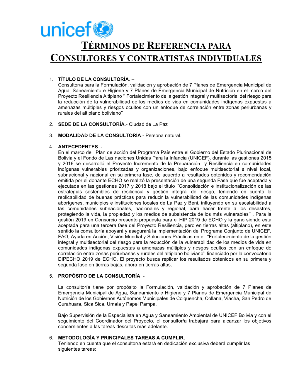 Términos De Referencia Para Consultores Y Contratistas Individuales