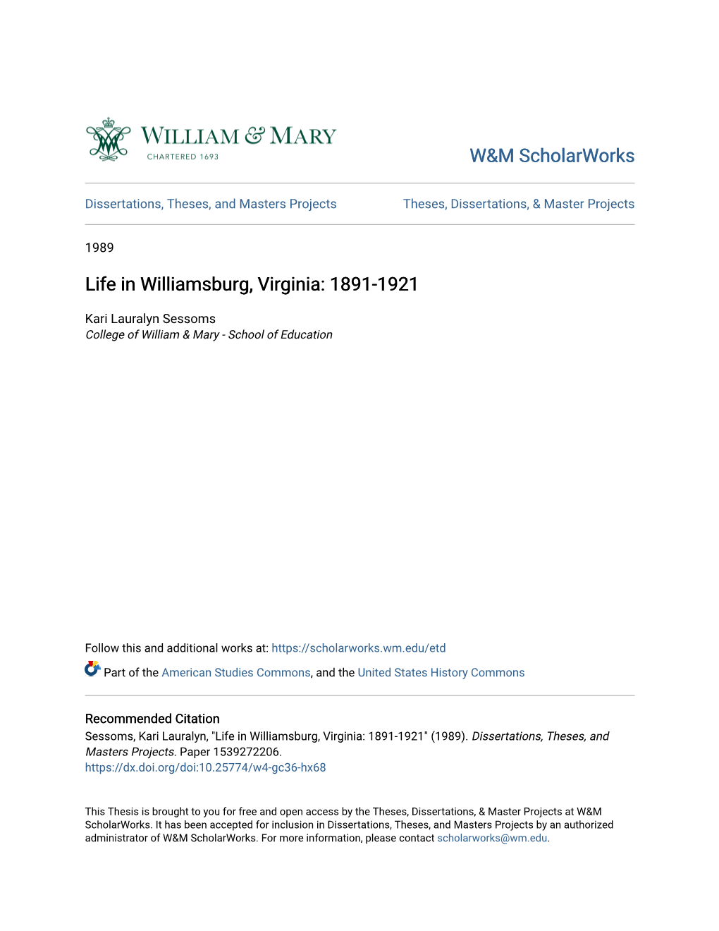 Life in Williamsburg, Virginia: 1891-1921