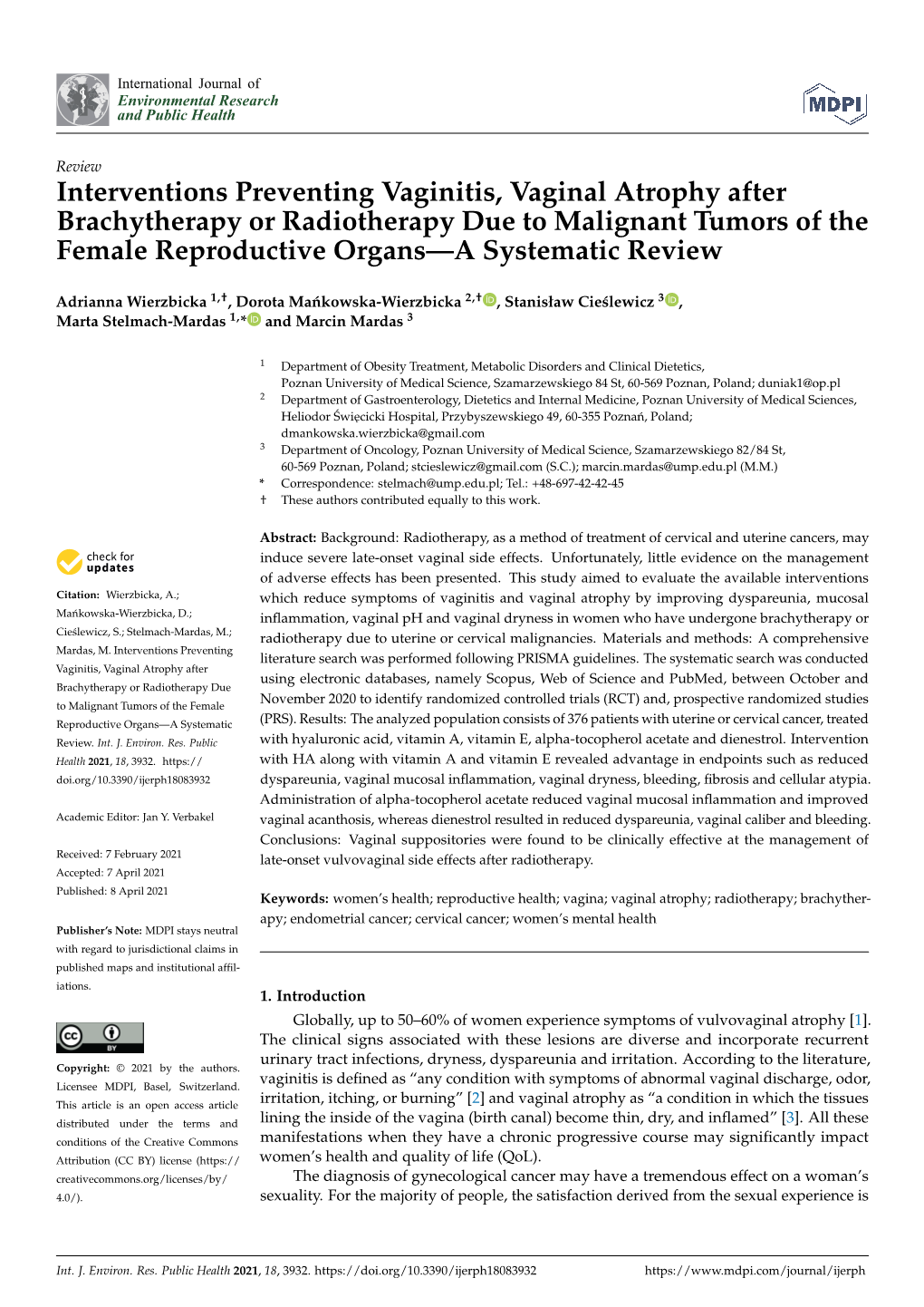 Interventions Preventing Vaginitis, Vaginal Atrophy After Brachytherapy Or Radiotherapy Due to Malignant Tumors of the Female Reproductive Organs—A Systematic Review