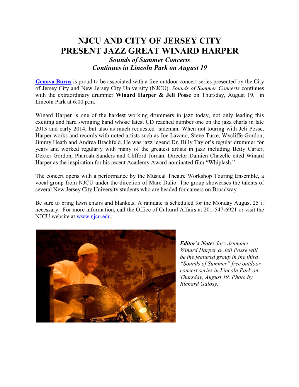NJCU and CITY of JERSEY CITY PRESENT JAZZ GREAT WINARD HARPER Sounds of Summer Concerts Continues in Lincoln Park on August 19