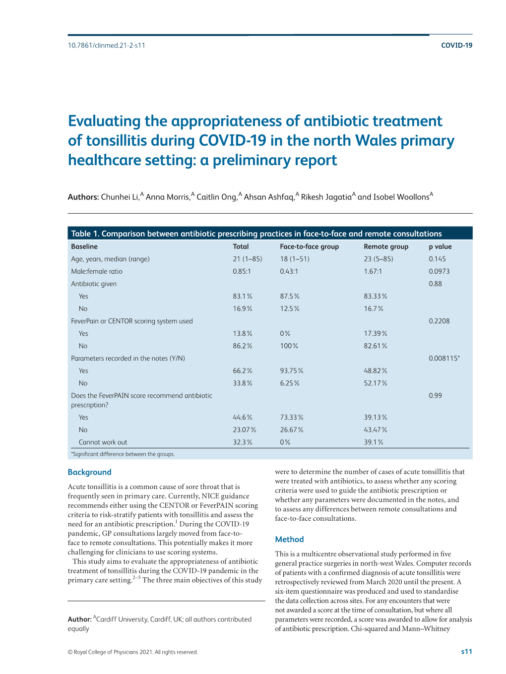 Evaluating the Appropriateness of Antibiotic Treatment of Tonsillitis During COVID-19 in the North Wales Primary Healthcare Setting: a Preliminary Report