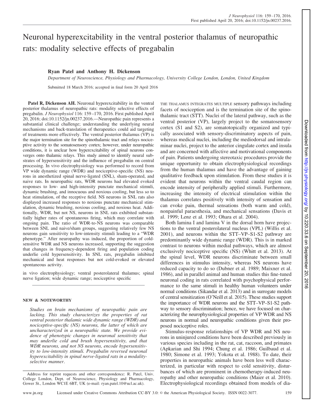 Neuronal Hyperexcitability in the Ventral Posterior Thalamus of Neuropathic Rats: Modality Selective Effects of Pregabalin