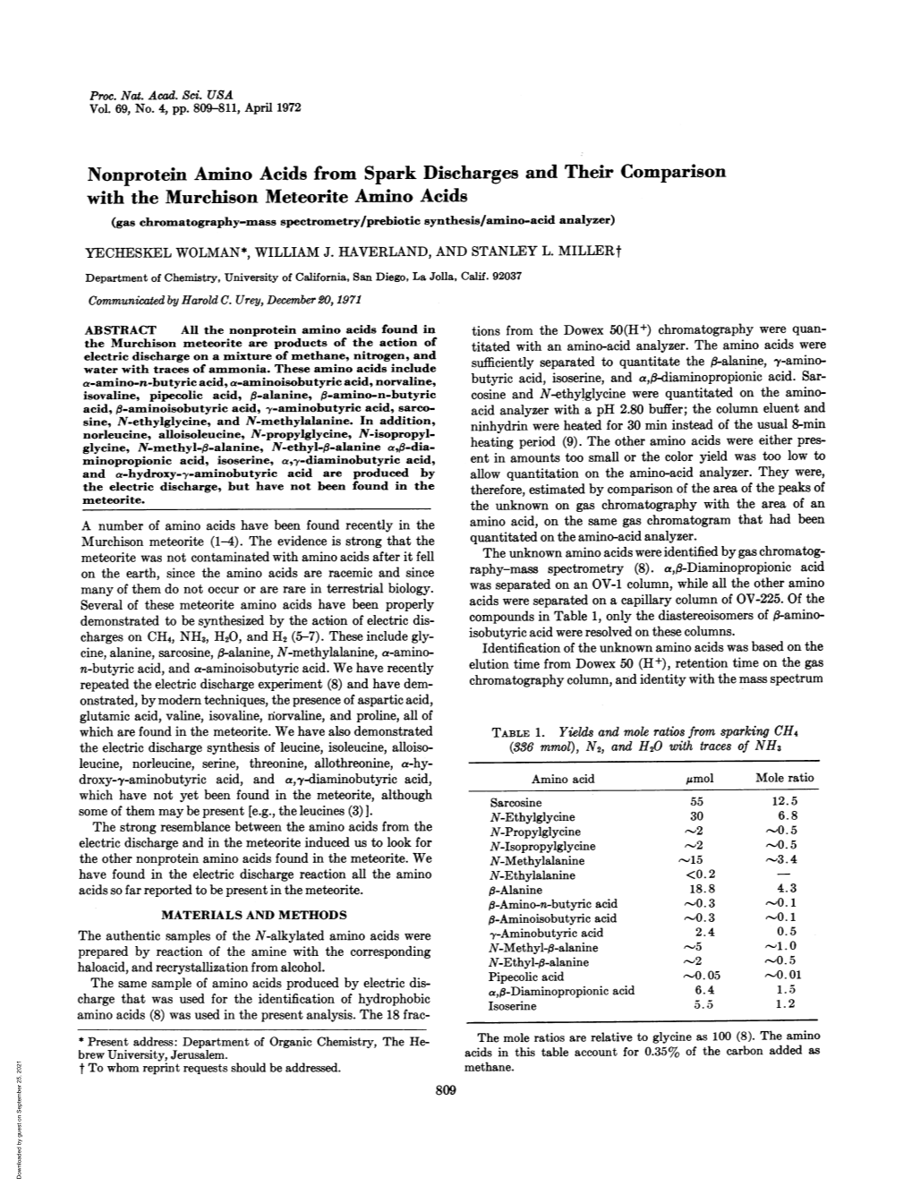 Nonprotein Amino Acids from Spark Discharges and Their Comparison with the Murchison Meteorite Amino Acids