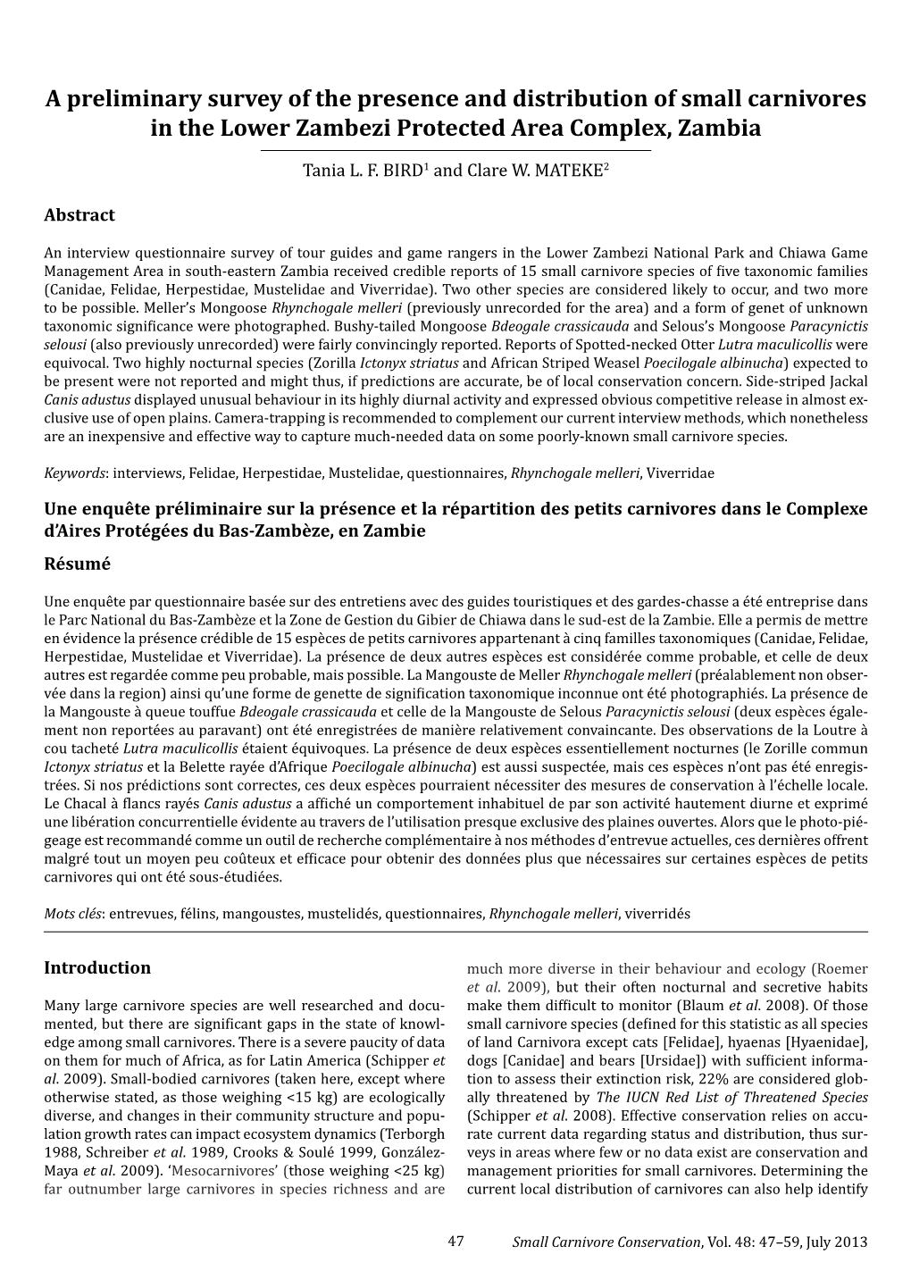 A Preliminary Survey of the Presence and Distribution of Small Carnivores in the Lower Zambezi Protected Area Complex, Zambia