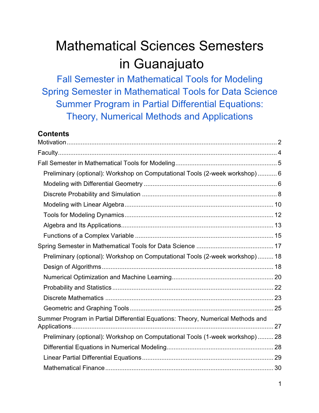 Spring Semester in Mathematical Tools for Data Science Summer Program in Partial Differential Equations: Theory, Numerical Methods and Applications