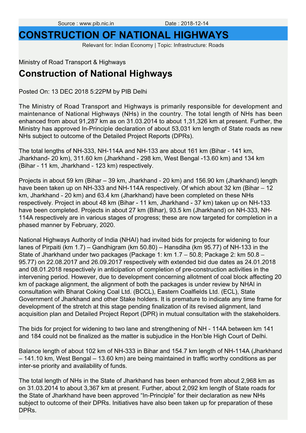 CONSTRUCTION of NATIONAL HIGHWAYS Relevant For: Indian Economy | Topic: Infrastructure: Roads
