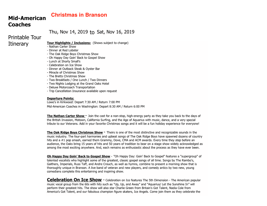 Christmas in Branson Mid-American Coaches Printable Tour Itinerary