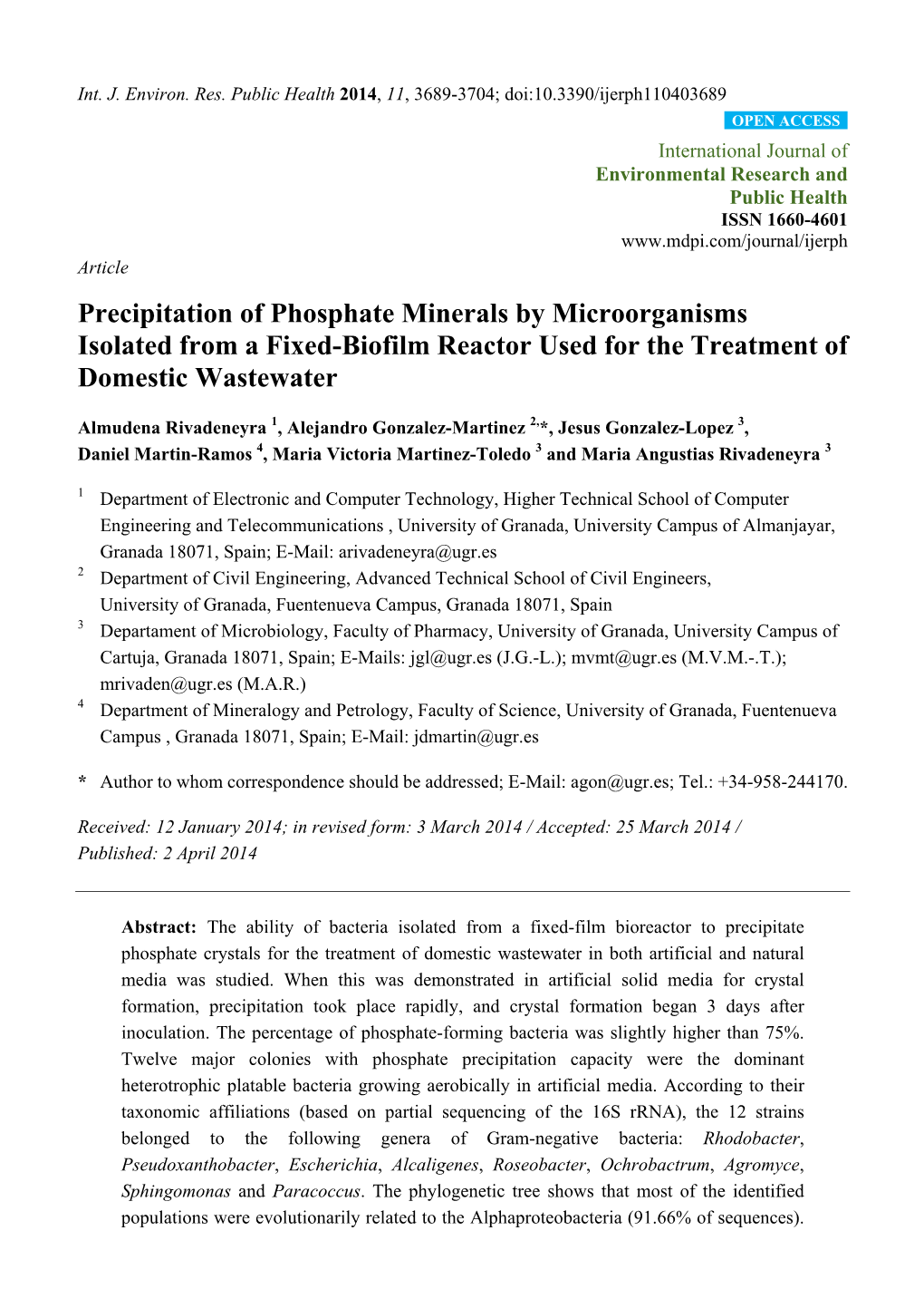 Precipitation of Phosphate Minerals by Microorganisms Isolated from a Fixed-Biofilm Reactor Used for the Treatment of Domestic Wastewater