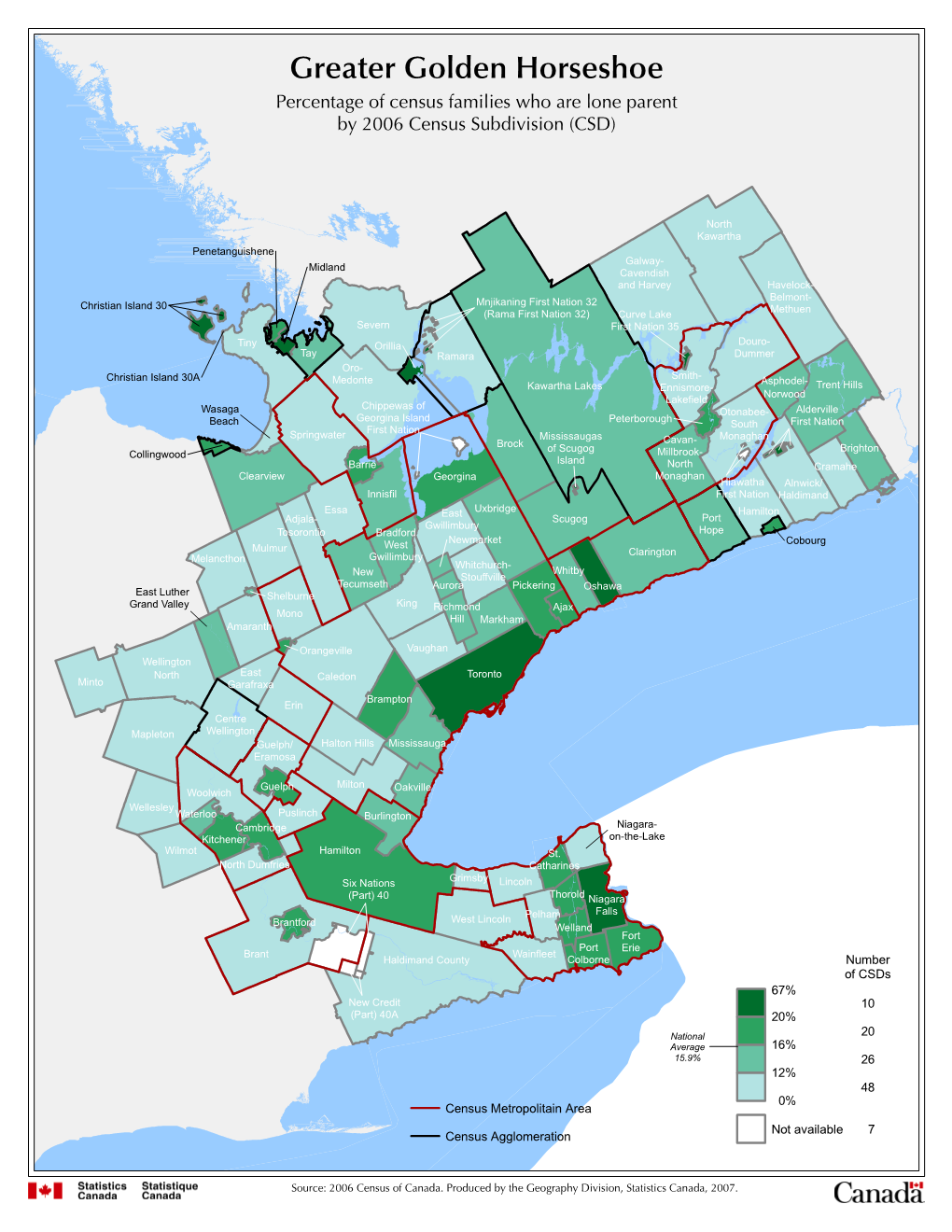 Greater Golden Horseshoe Percentage of Census Families Who Are Lone Parent by 2006 Census Subdivision (CSD)