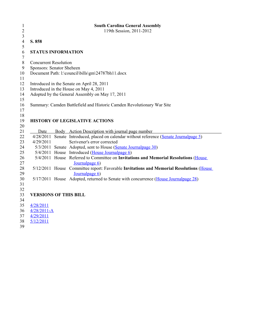 2011-2012 Bill 858: Camden Battlefield and Historic Camden Revolutionary War Site - South