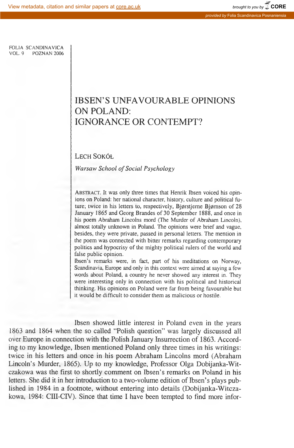 Ibsen's Unfavourable Opinions on Poland: Ignorance Or Contempt ? 203