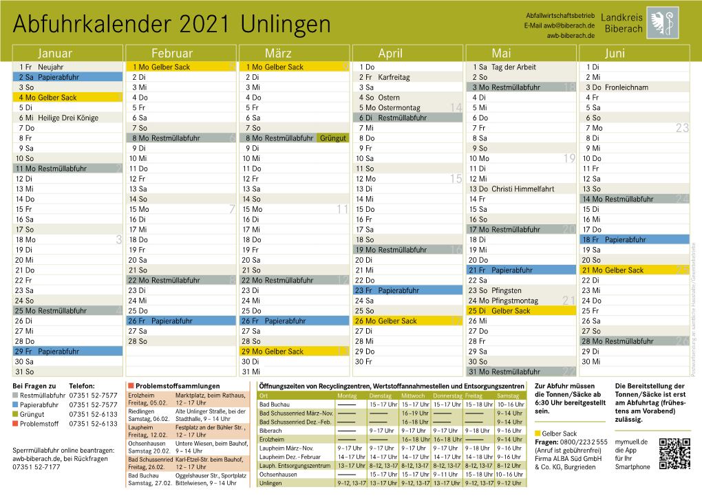 Abfuhrkalender 2021 Unlingen