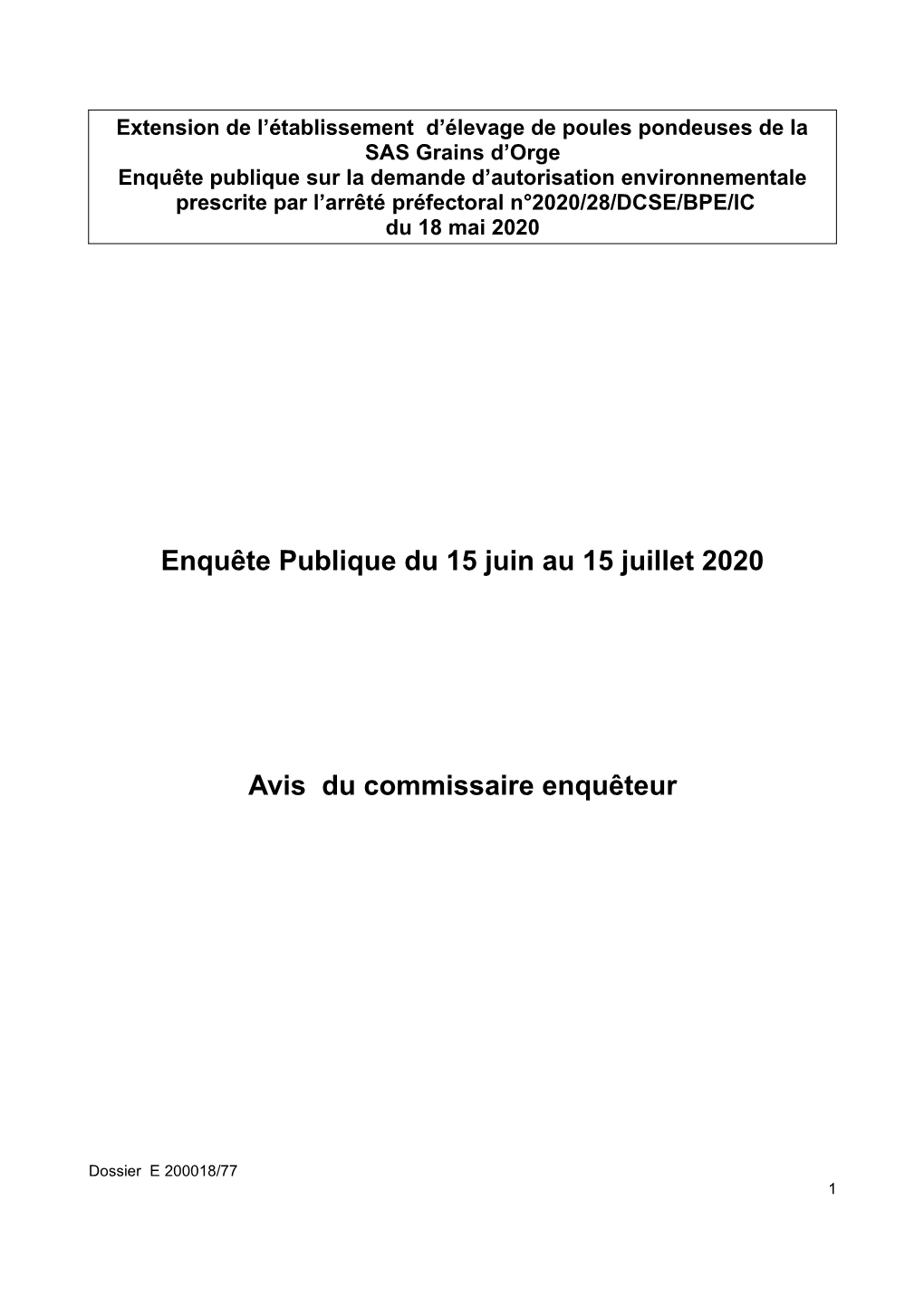 Enquête Publique Du 15 Juin Au 15 Juillet 2020 Avis Du Commissaire Enquêteur