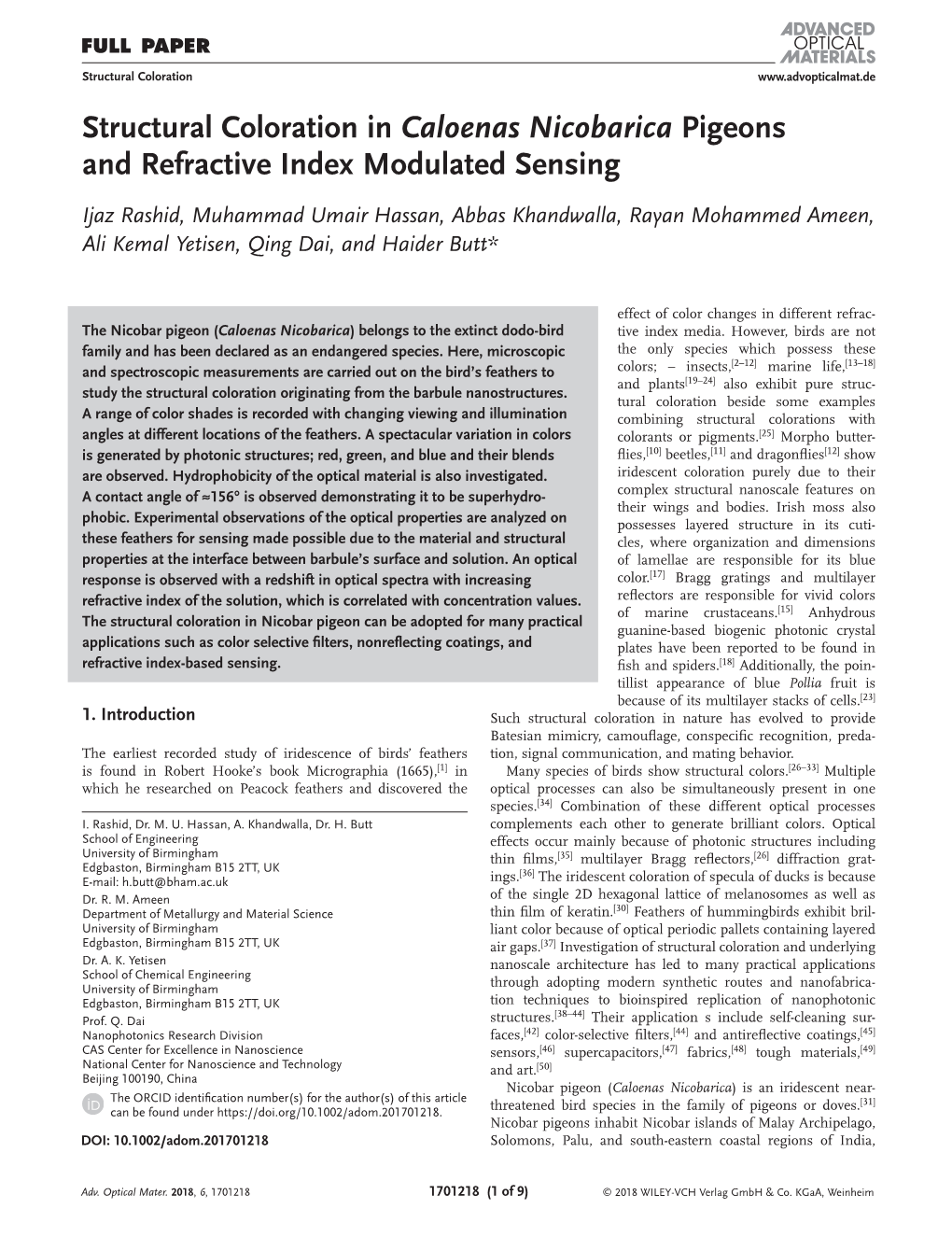 Structural Coloration in Caloenas Nicobarica Pigeons and Refractive Index Modulated Sensing