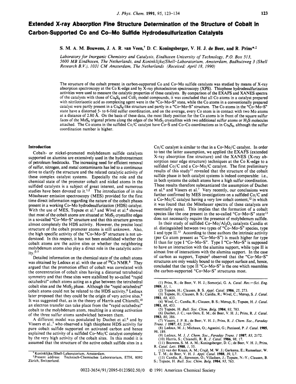 Extended X-Ray Absorption Fine Structure Determination of the Structure of Cobalt in Carbon-Supported Co and Co-Mo Sulfide Hydrodesulfurization Catalysts