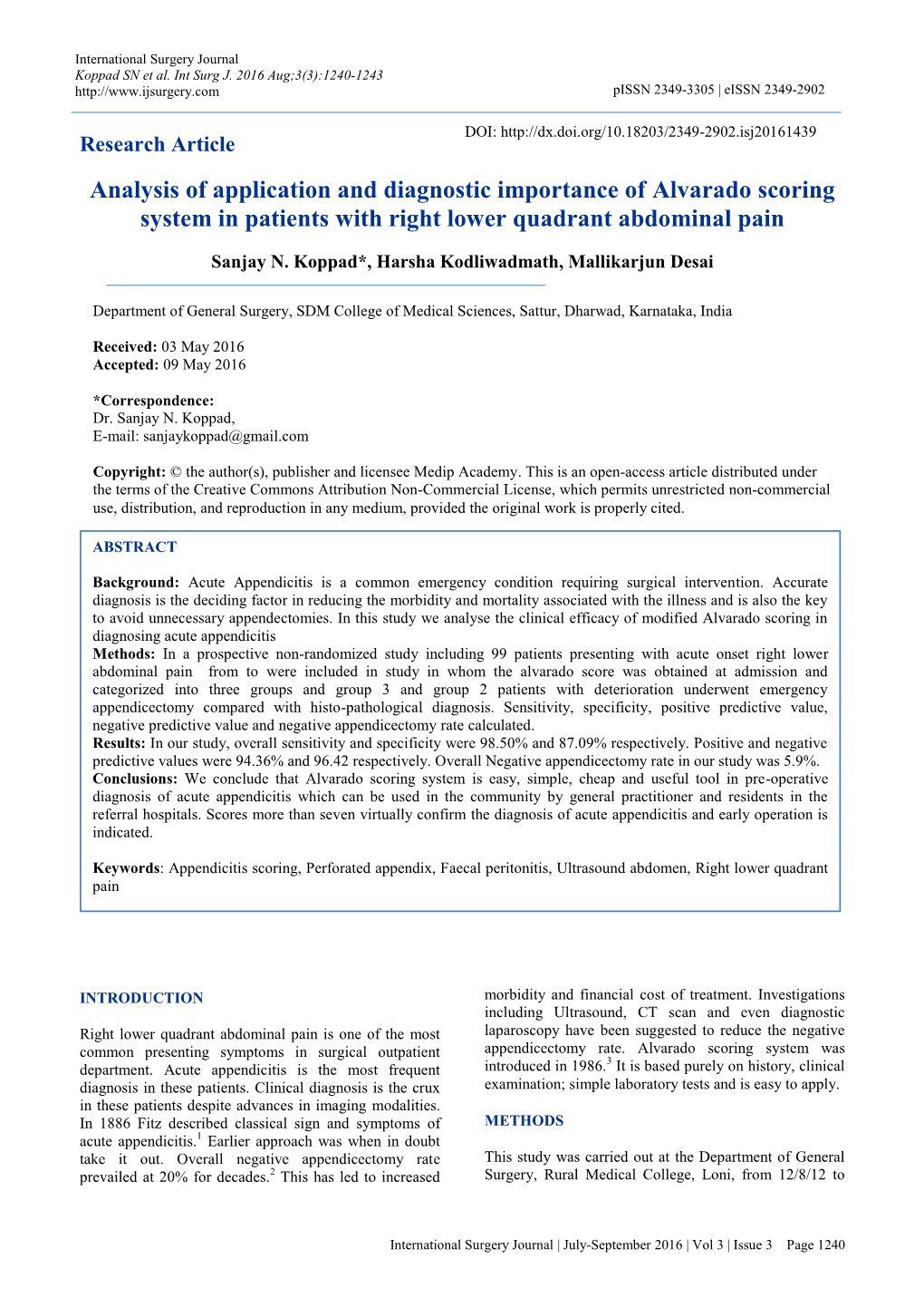 Analysis of Application and Diagnostic Importance of Alvarado Scoring System in Patients with Right Lower Quadrant Abdominal Pain