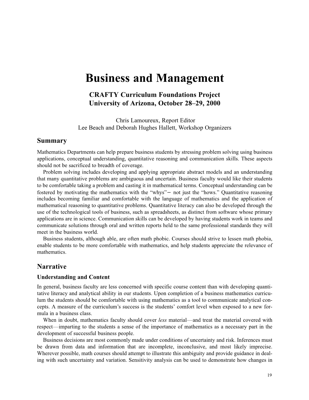 Business and Management CRAFTY Curriculum Foundations Project University of Arizona, October 28–29, 2000