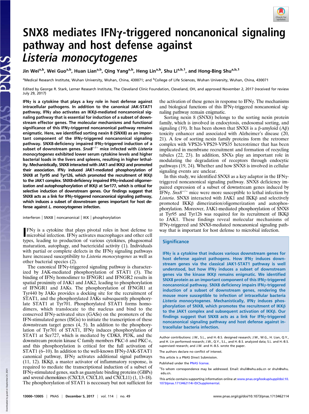 SNX8 Mediates Ifnγ-Triggered Noncanonical Signaling Pathway and Host Defense Against Listeria Monocytogenes