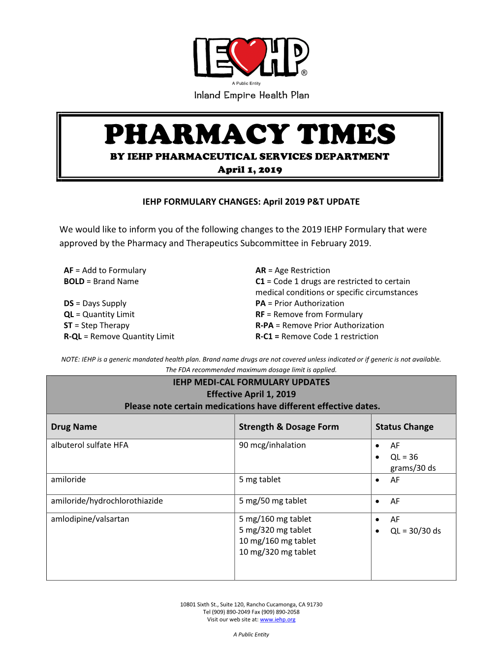 PHARMACY TIMES by IEHP PHARMACEUTICAL SERVICES DEPARTMENT April 1, 2019