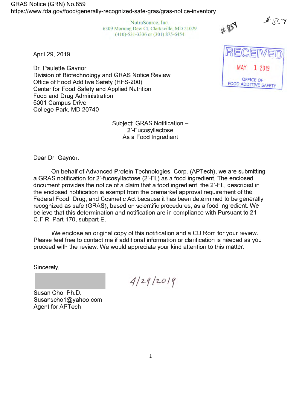 GRAS Notice (GRN) No.859, 2'-Fucosyllactose