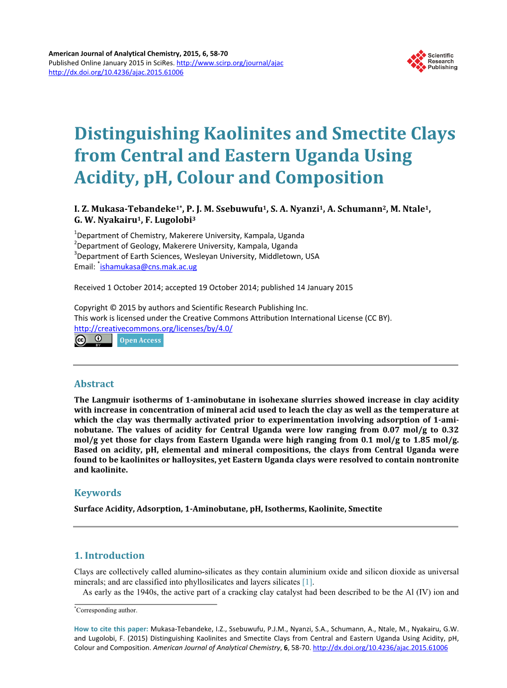 Distinguishing Kaolinites and Smectite Clays from Central and Eastern Uganda Using Acidity, Ph, Colour and Composition