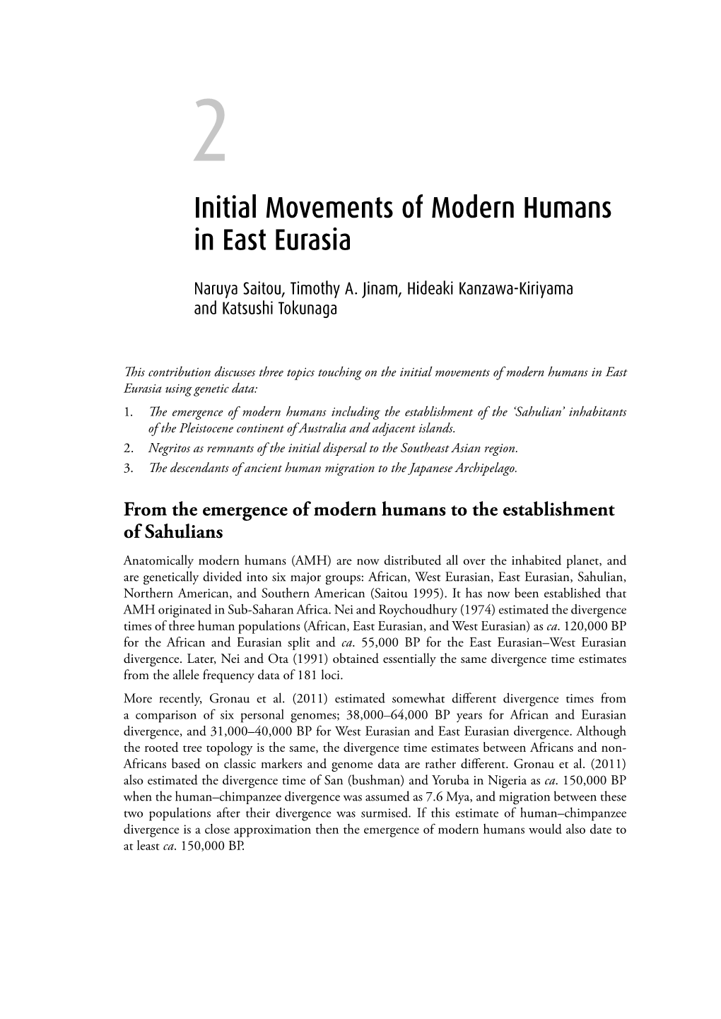 Initial Movements of Modern Humans in East Eurasia