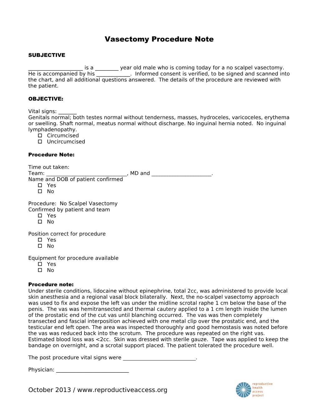 Vasectomy Procedure Note