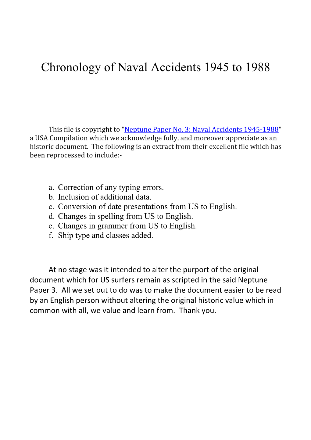 Chronology of Naval Accidents 1945 to 1988