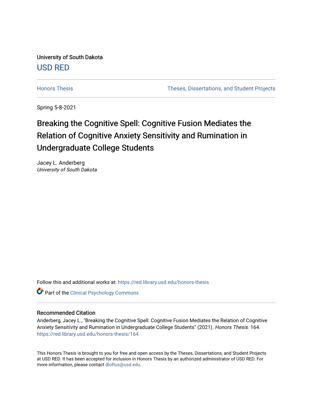 Cognitive Fusion Mediates the Relation of Cognitive Anxiety Sensitivity and Rumination in Undergraduate College Students