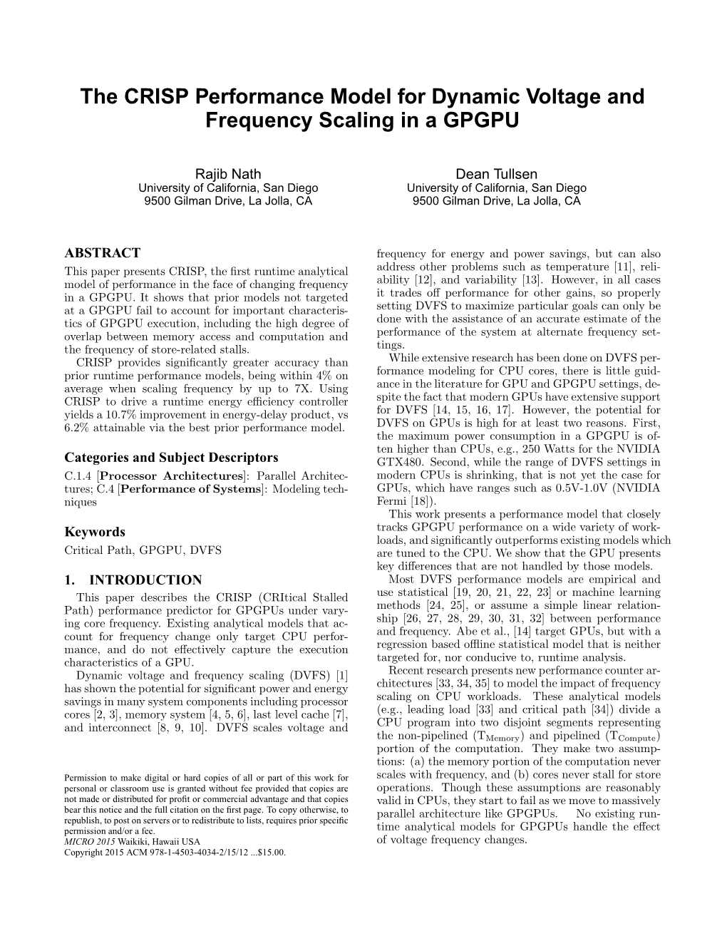 The CRISP Performance Model for Dynamic Voltage and Frequency Scaling in a GPGPU
