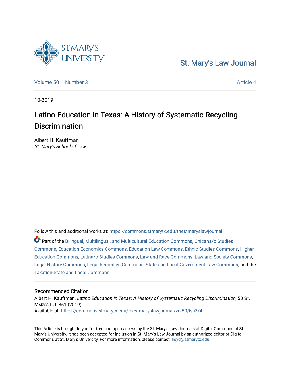 Latino Education in Texas: a History of Systematic Recycling Discrimination