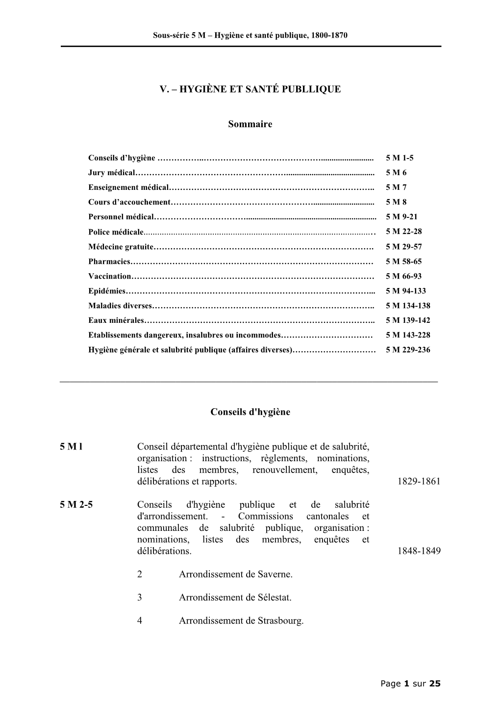 Sous-Série 5 M – Hygiène Et Santé Publique, 1800-1870 Page 1 Sur 25