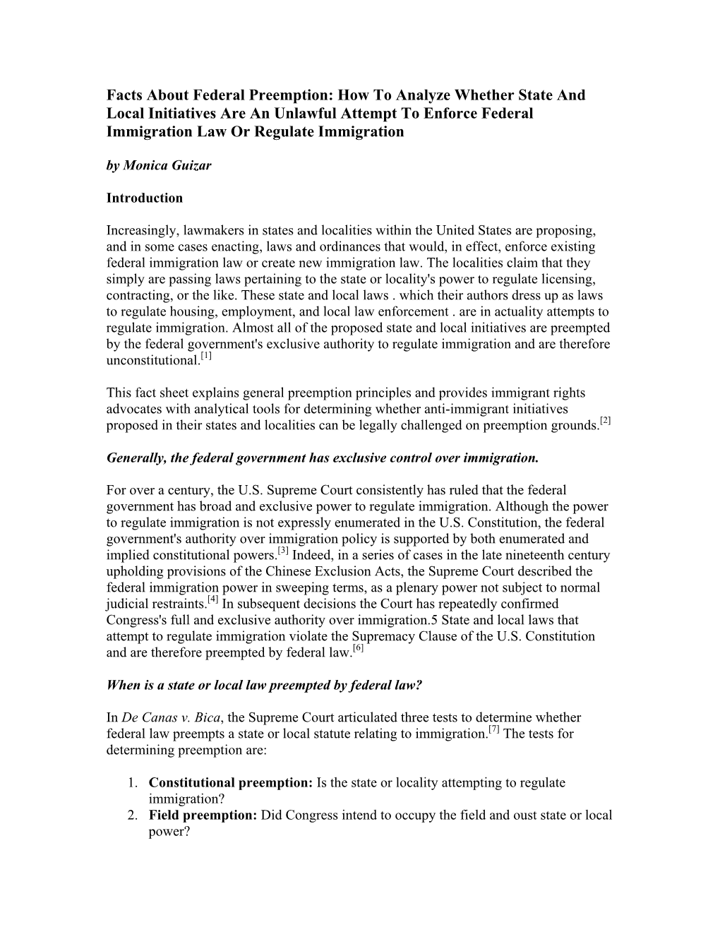 Facts About Federal Preemption: How to Analyze Whether State and Local Initiatives Are an Unlawful Attempt to Enforce Federal Immigration Law Or Regulate Immigration