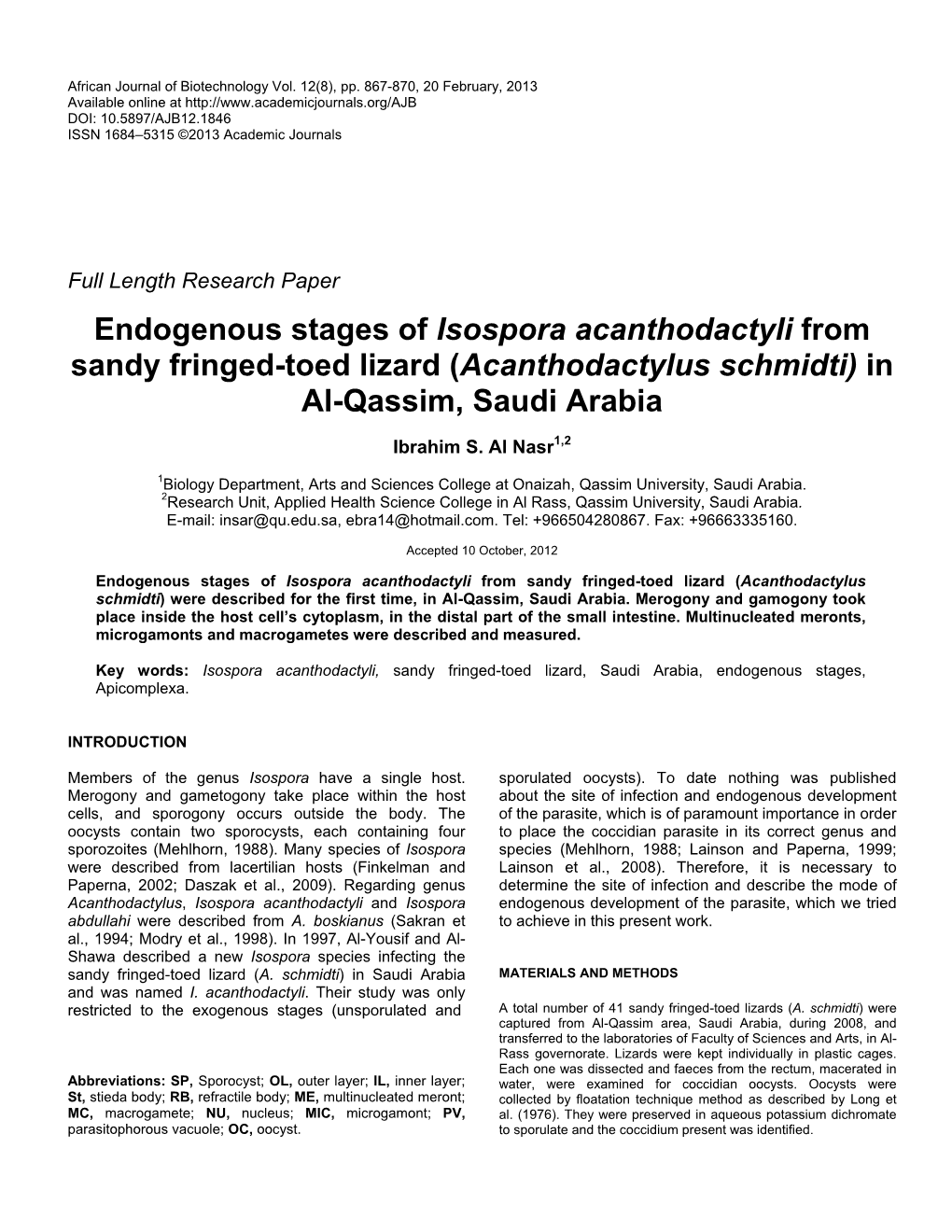 Endogenous Stages of Isospora Acanthodactyli from Sandy Fringed-Toed Lizard (Acanthodactylus Schmidti) in Al-Qassim, Saudi Arabia