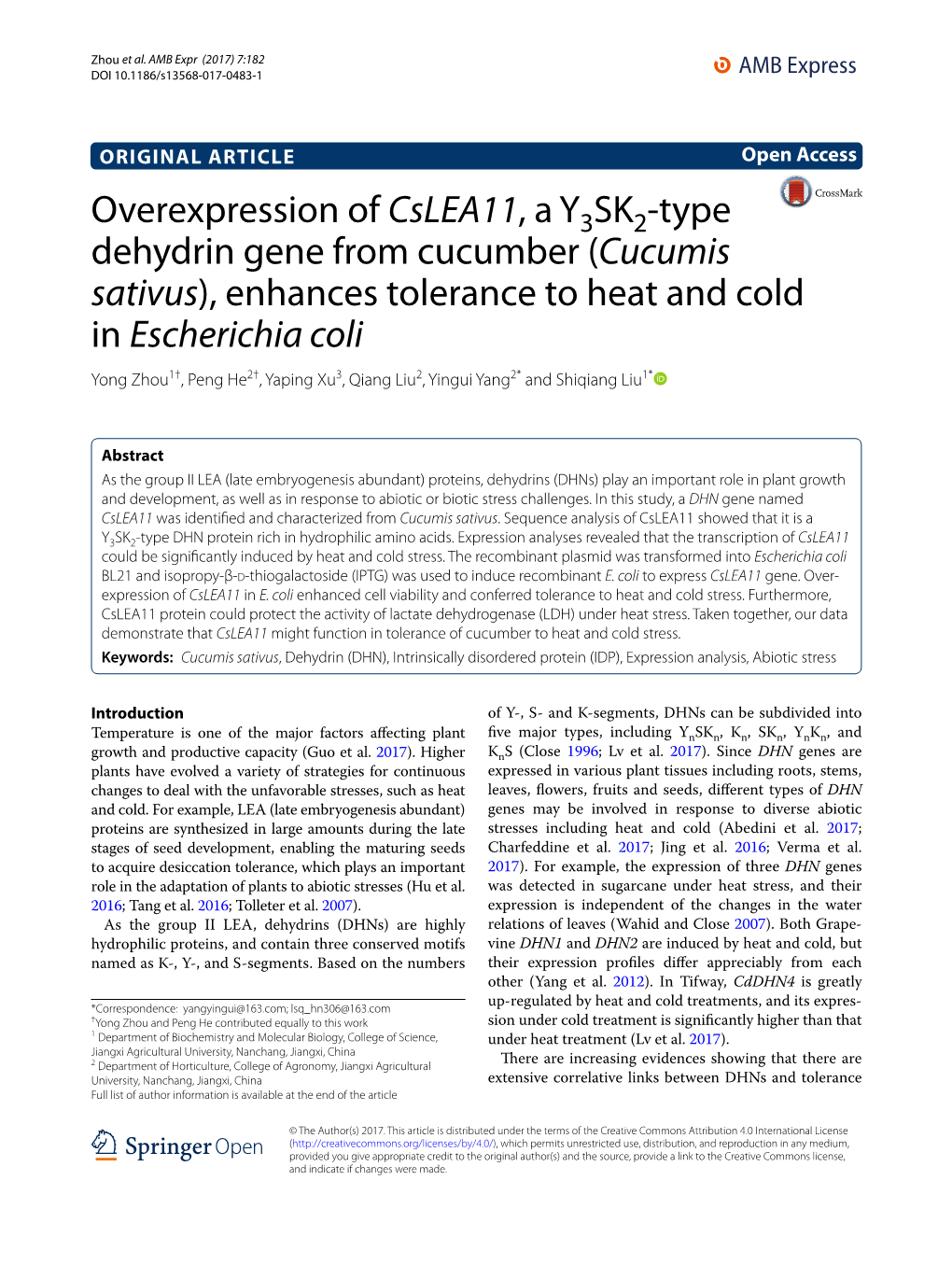 Overexpression of Cslea11, a Y3SK2-Type Dehydrin Gene from Cucumber