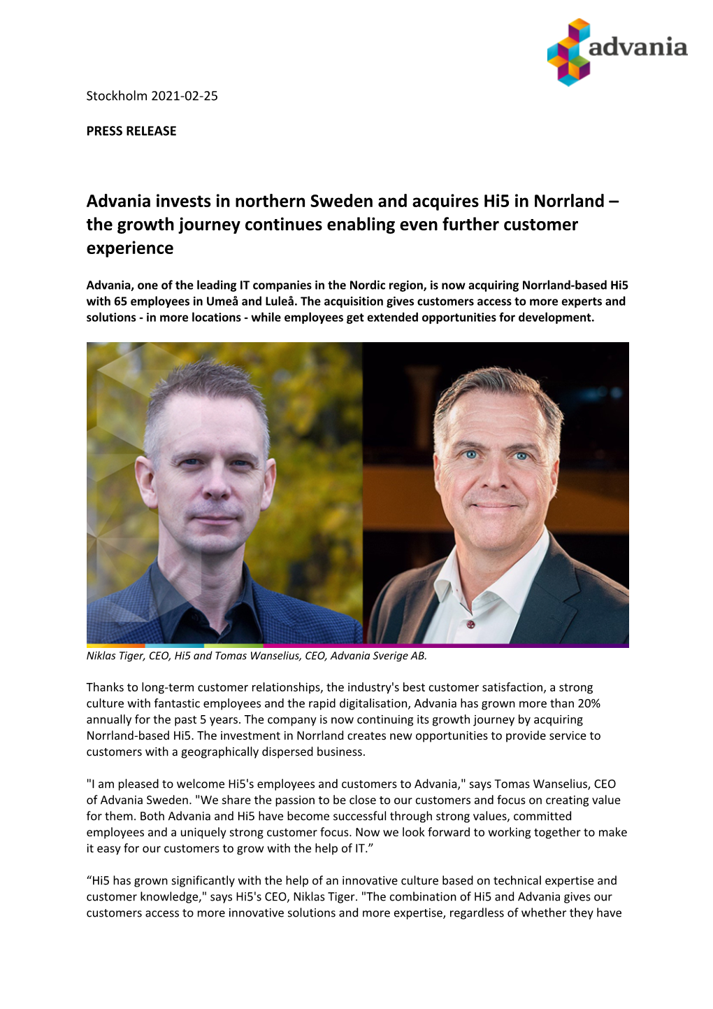 Advania Invests in Northern Sweden and Acquires Hi5 in Norrland – the Growth Journey Continues Enabling Even Further Customer Experience