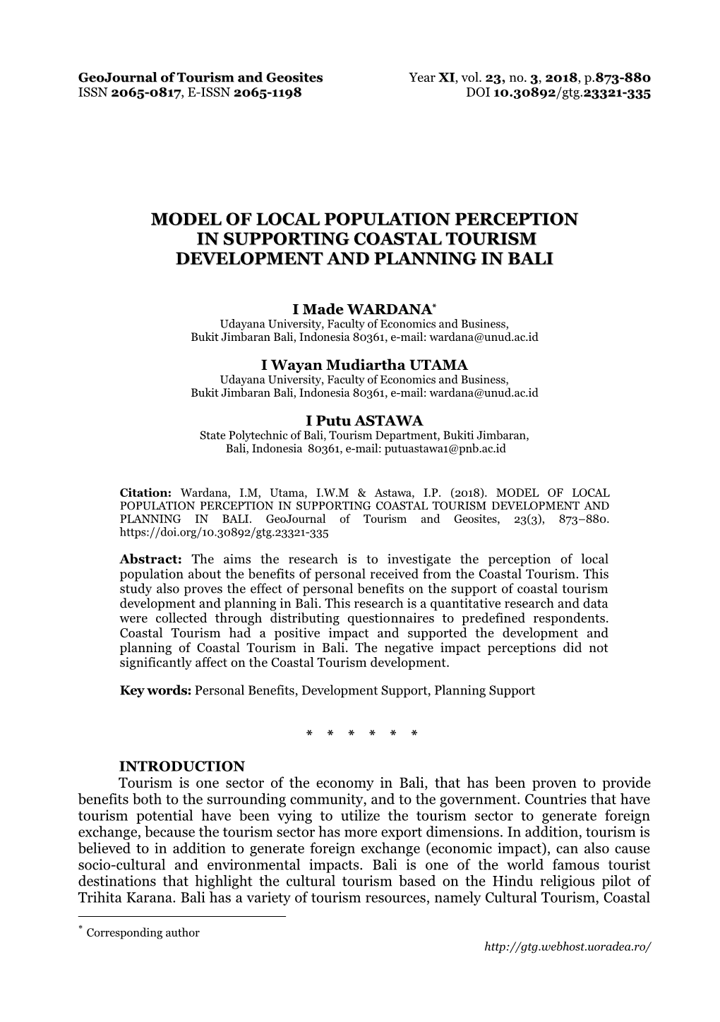 Model of Local Population Perception in Supporting Coastal Tourism Development and Planning in Bal Ii