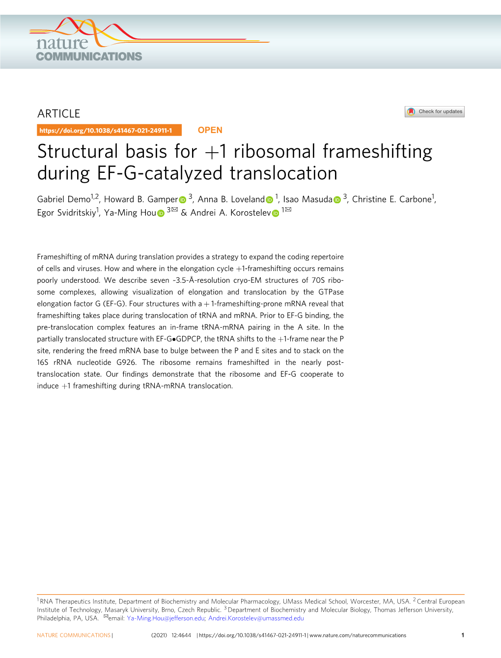 Structural Basis for +1 Ribosomal Frameshifting During EF-G-Catalyzed Translocation