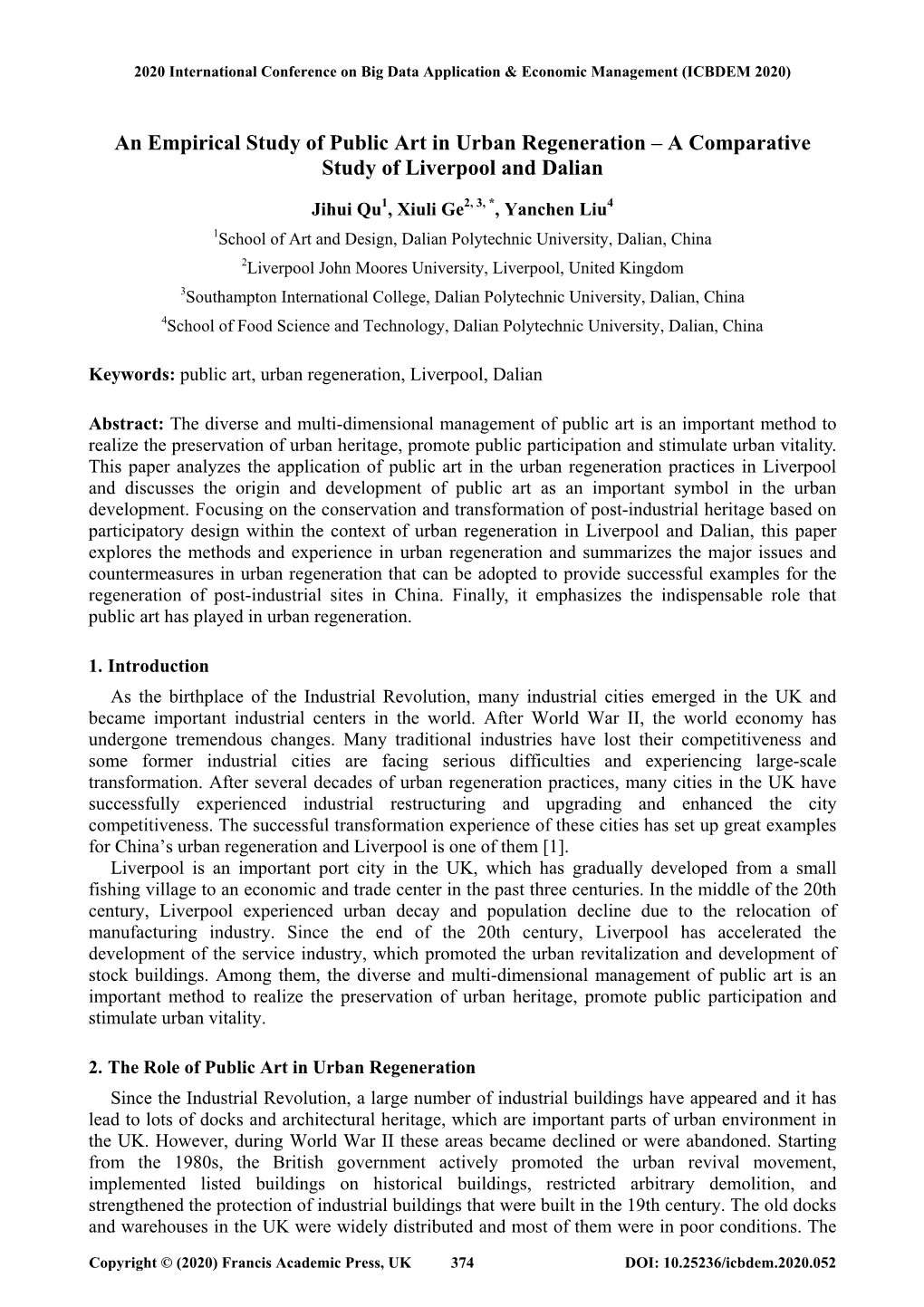 An Empirical Study of Public Art in Urban Regeneration – a Comparative Study of Liverpool and Dalian