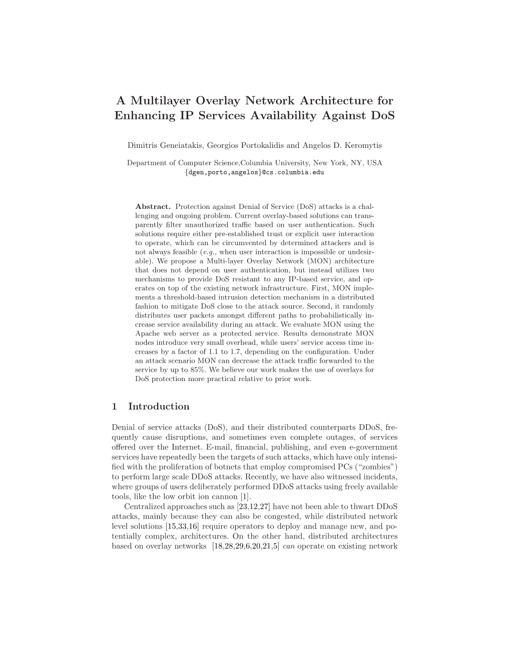 A Multilayer Overlay Network Architecture for Enhancing IP Services Availability Against Dos