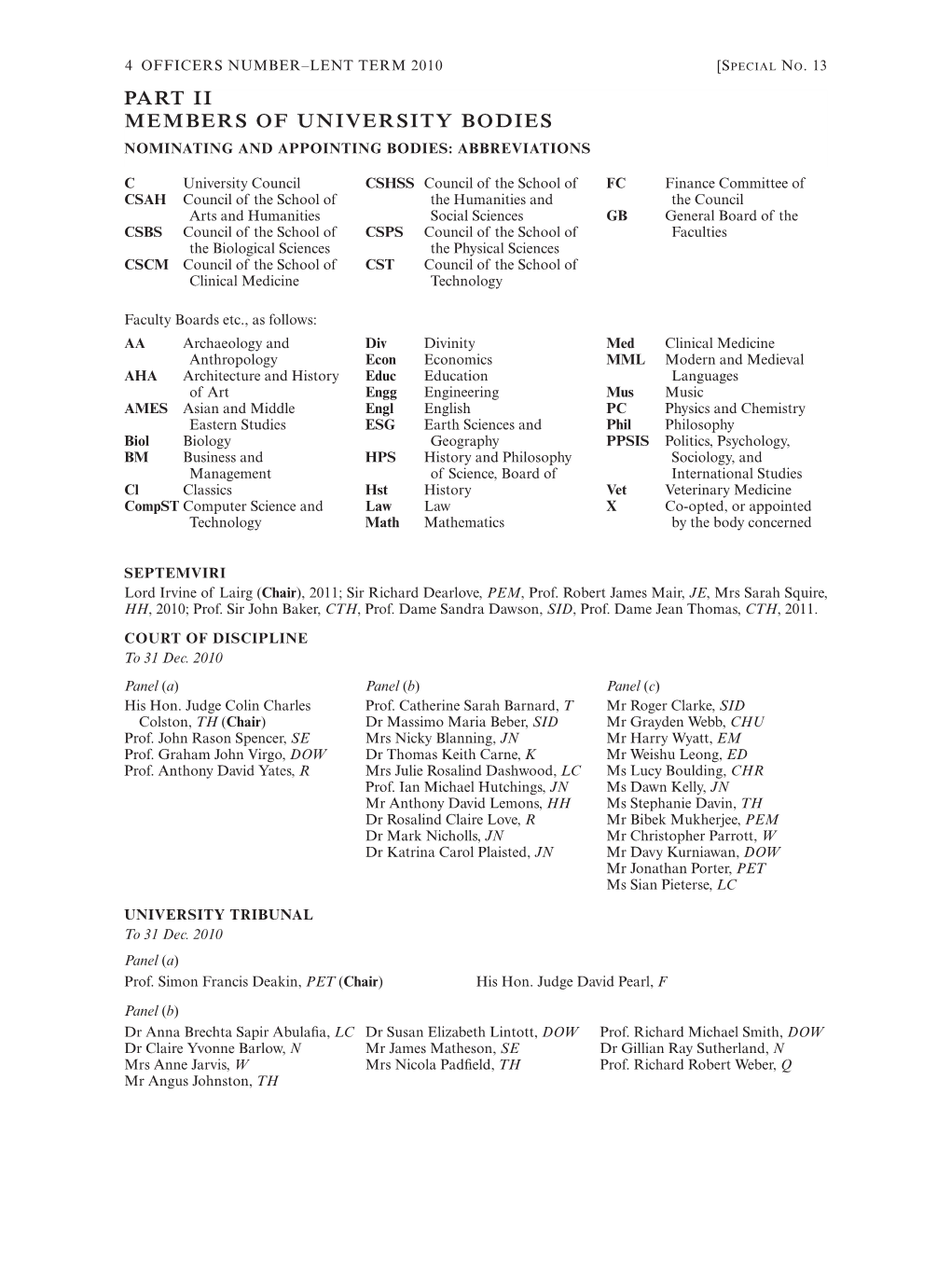 Part Ii Members of University Bodies Nominating and Appointing Bodies: Abbreviations